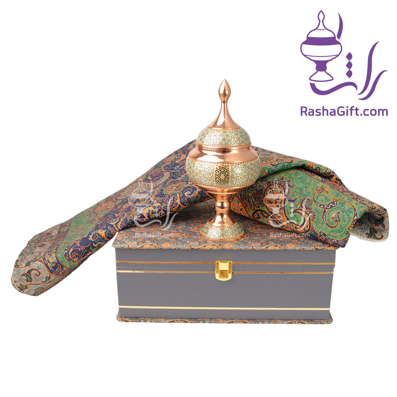 R161 ست شکلات خوری مس و خاتم و ترمه هزار نقش با جعبه ترمه