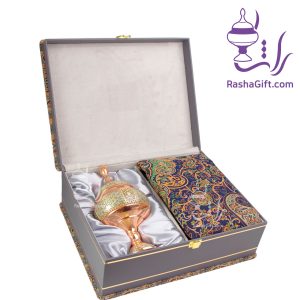 ست شکلات خوری مس و خاتم و ترمه هزار نقش با جعبه ترمه