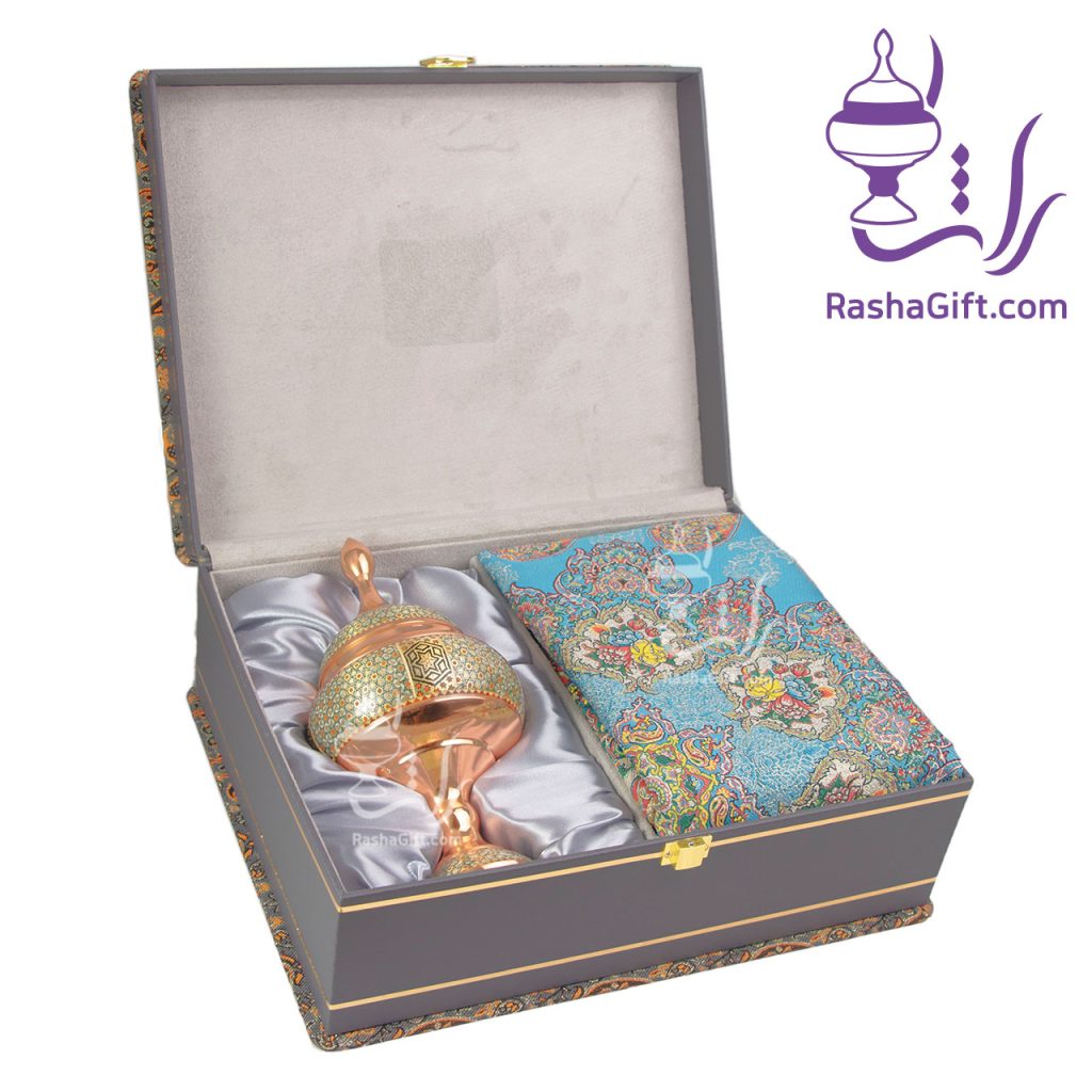 ست شکلات خوری مس و خاتم و ترمه ابریشم 7 رنگ با جعبه ترمه