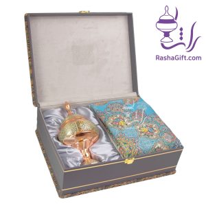 ست شکلات خوری مس و خاتم و ترمه ابریشم 7 رنگ با جعبه ترمه