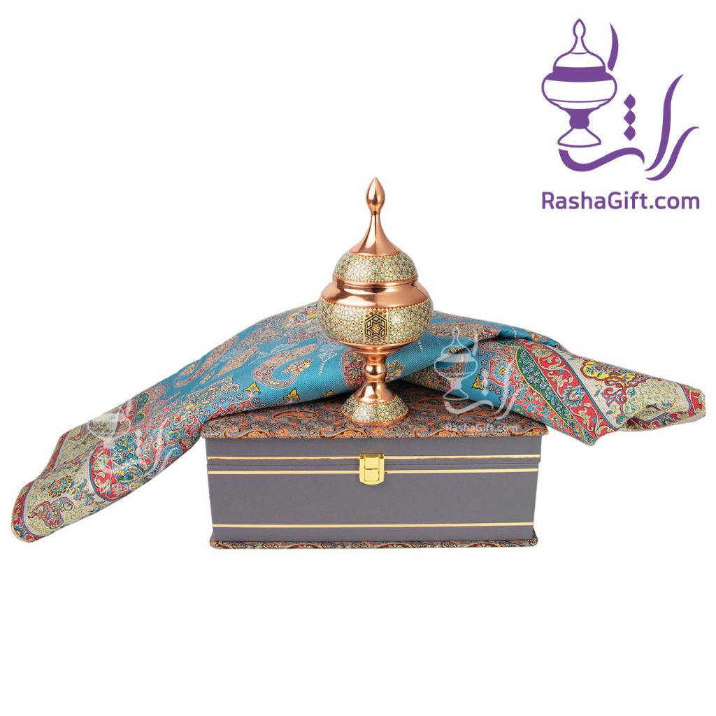 ست شکلات خوری مس و خاتم و ترمه ابریشم 7 رنگ با جعبه ترمه