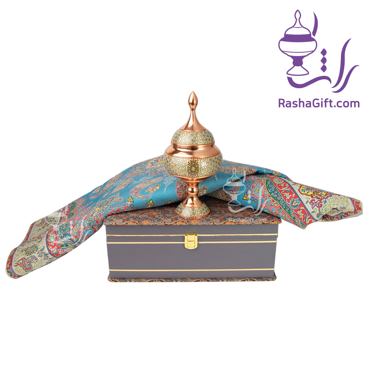 R1631 ست شکلات خوری مس و خاتم و ترمه ابریشم 7 رنگ با جعبه ترمه
