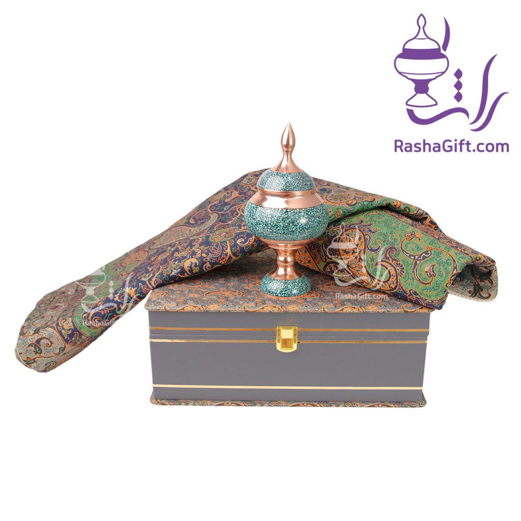 ست شکلات خوری مس و فیروزه و ترمه هزار نقش با جعبه ترمه