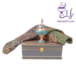 ست شکلات خوری مس و فیروزه و ترمه هزار نقش با جعبه ترمه