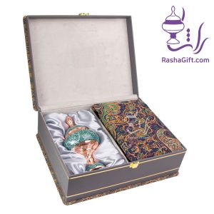 ست شکلات خوری مس و فیروزه و ترمه هزار نقش با جعبه ترمه