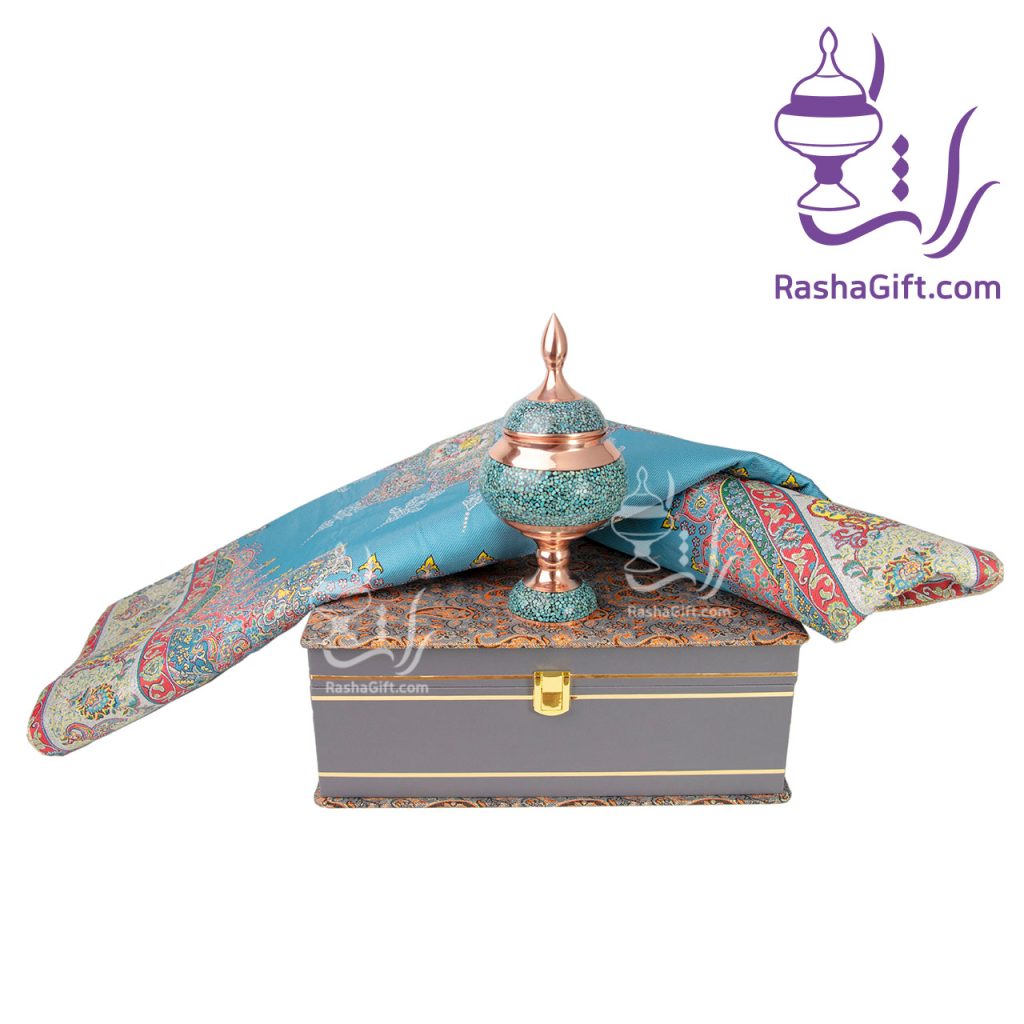 ست شکلات خوری مس و فیروزه و ترمه ابریشم 7 رنگ با جعبه ترمه