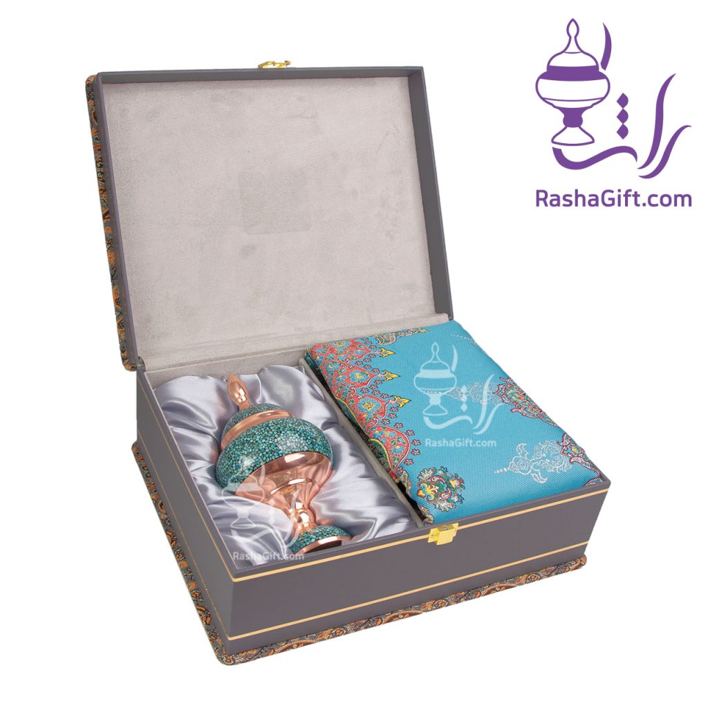 ست شکلات خوری مس و فیروزه و ترمه ابریشم 7 رنگ با جعبه ترمه