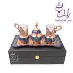 سرویس چای خوری دونفره مس و پرداز با جعبه چوبی روکش چرم