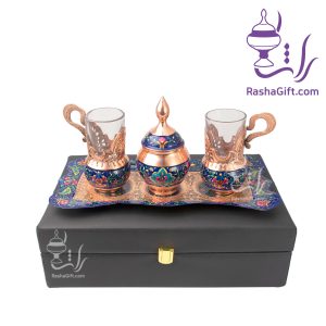 سرویس چای خوری دونفره مس و پرداز با جعبه چوبی روکش چرم