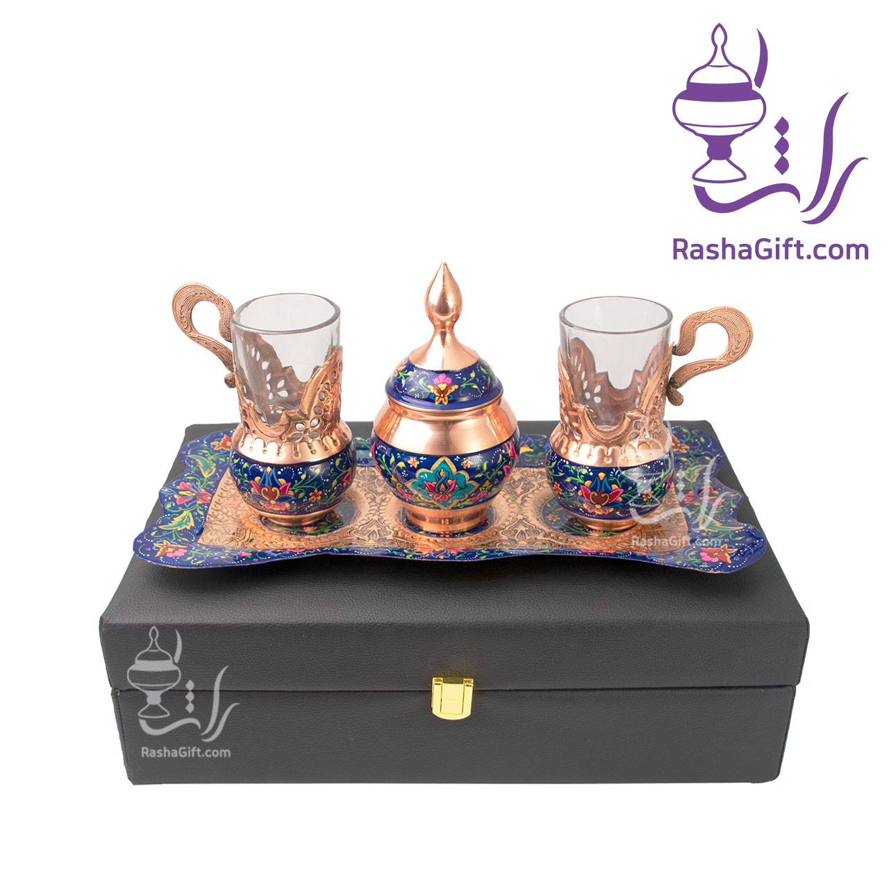 R20111 سرویس چای خوری دونفره مس و پرداز با جعبه چوبی روکش چرم