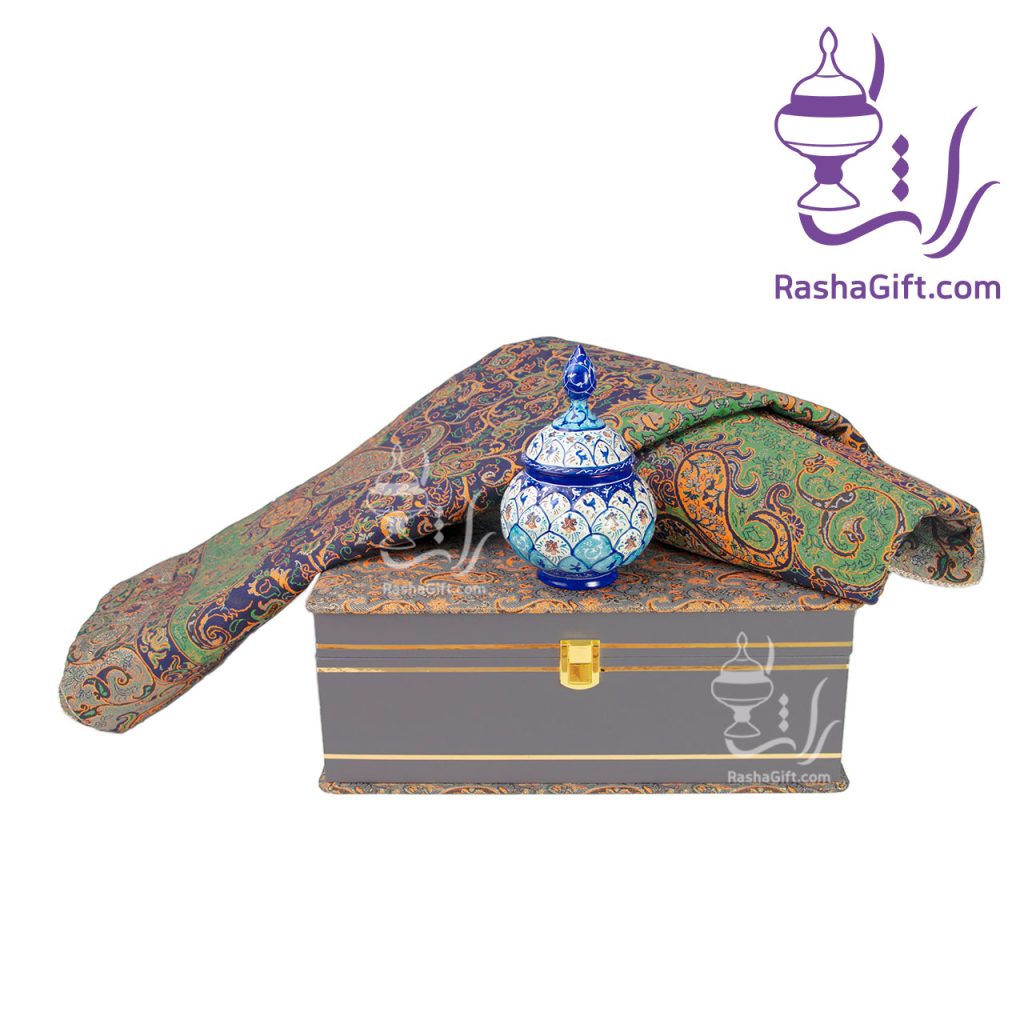 ست قندان میناکاری و ترمه هزار نقش با جعبه ترمه