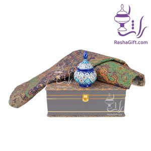 ست قندان میناکاری و ترمه هزار نقش با جعبه ترمه