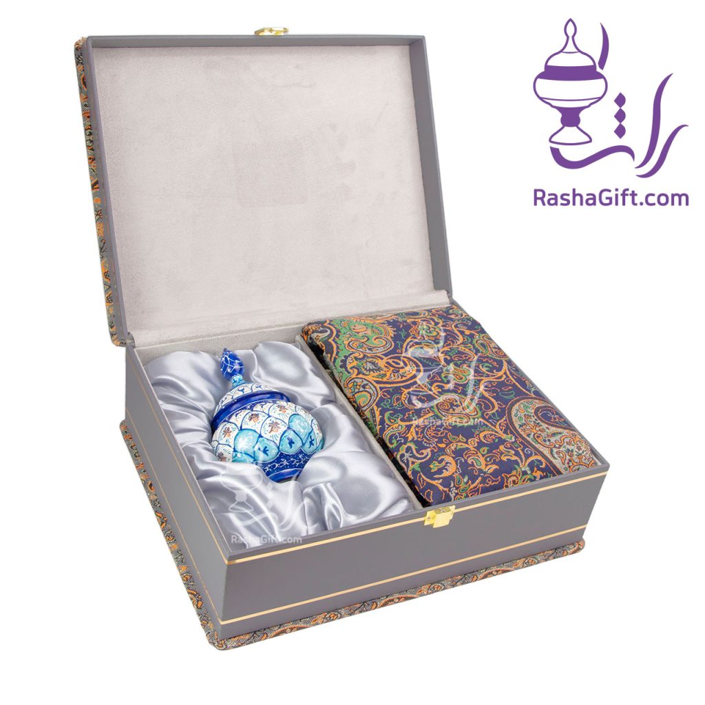 ست قندان میناکاری و ترمه هزار نقش با جعبه ترمه