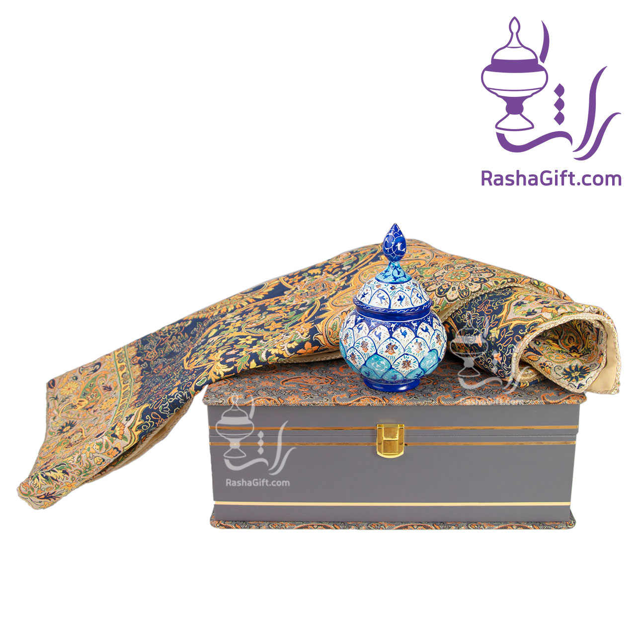 R3141 ست قندان میناکاری و ترمه افشاری با جعبه ترمه