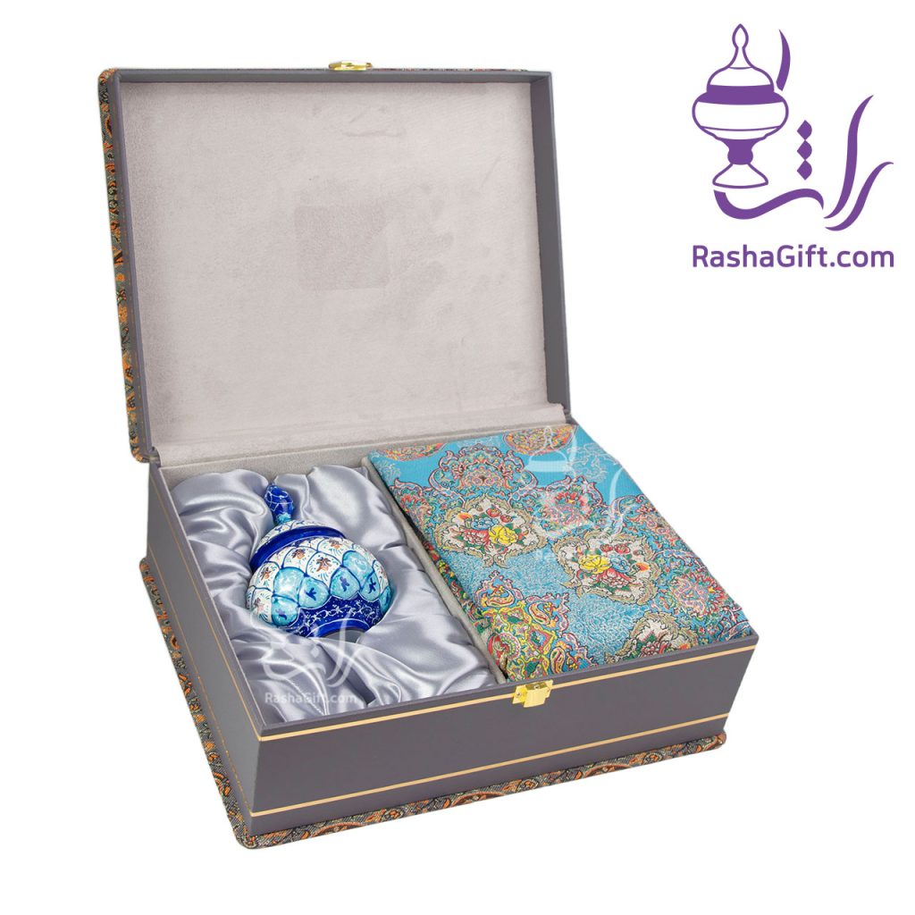 ست قندان میناکاری و ترمه ابریشم 7 رنگ با جعبه ترمه