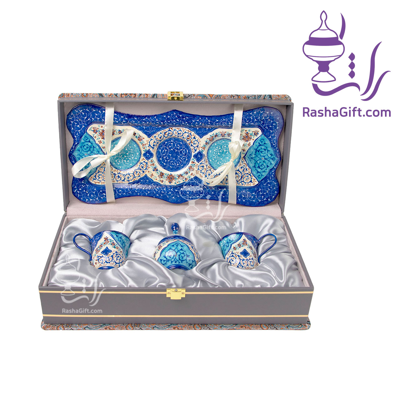 R318 سرویس چای خوری دونفره میناکاری با جعبه ترمه