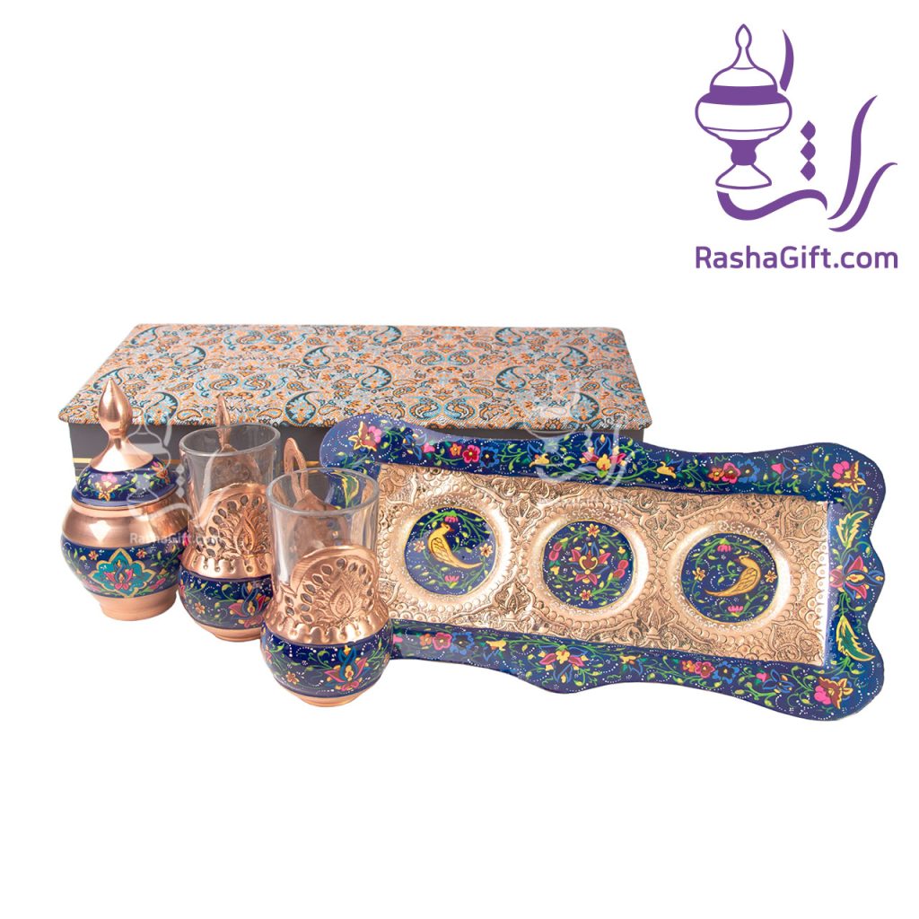 سرویس چای خوری دونفره مس و پرداز با جعبه ترمه