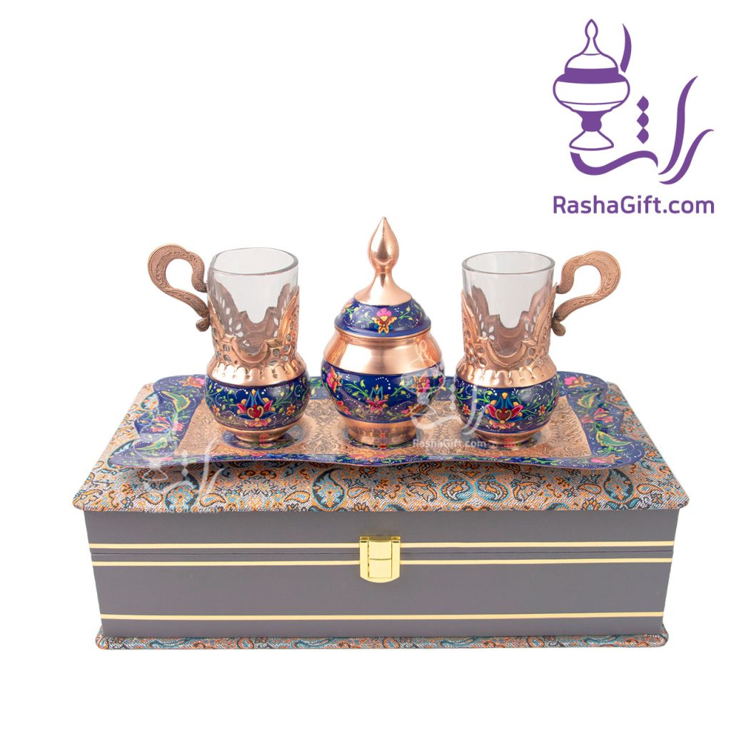 سرویس چای خوری دونفره مس و پرداز با جعبه ترمه