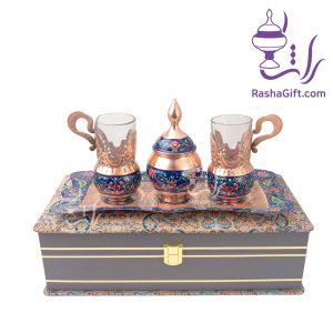 سرویس چای خوری دونفره مس و پرداز با جعبه ترمه