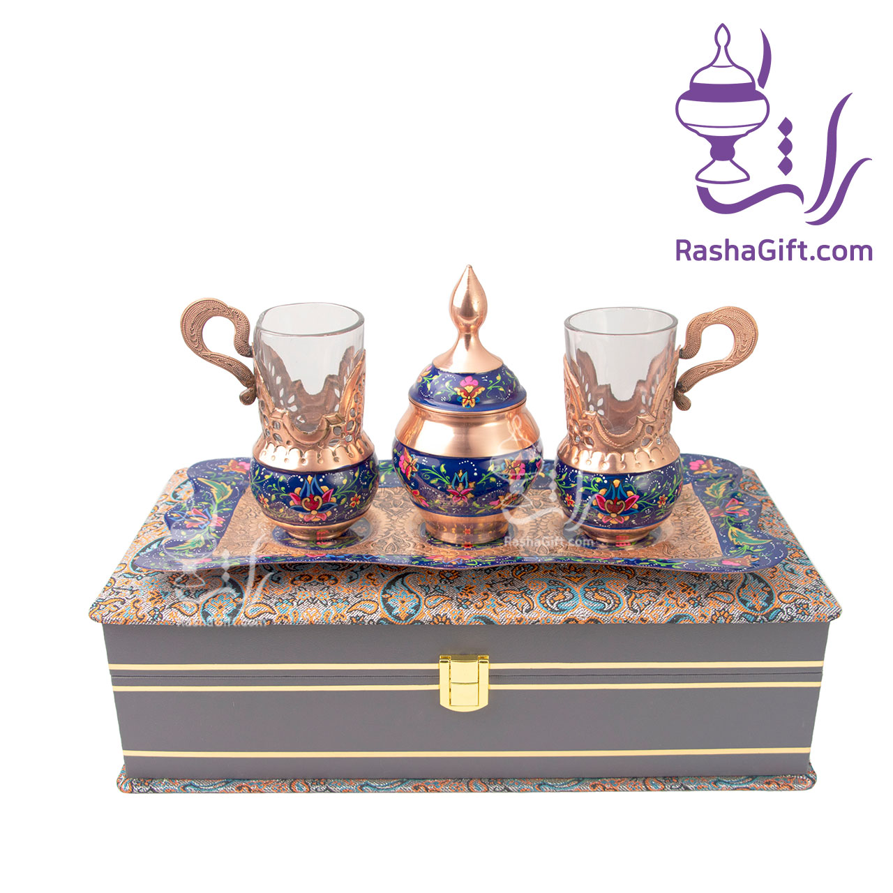 R3191 سرویس چای خوری دونفره مس و پرداز با جعبه ترمه
