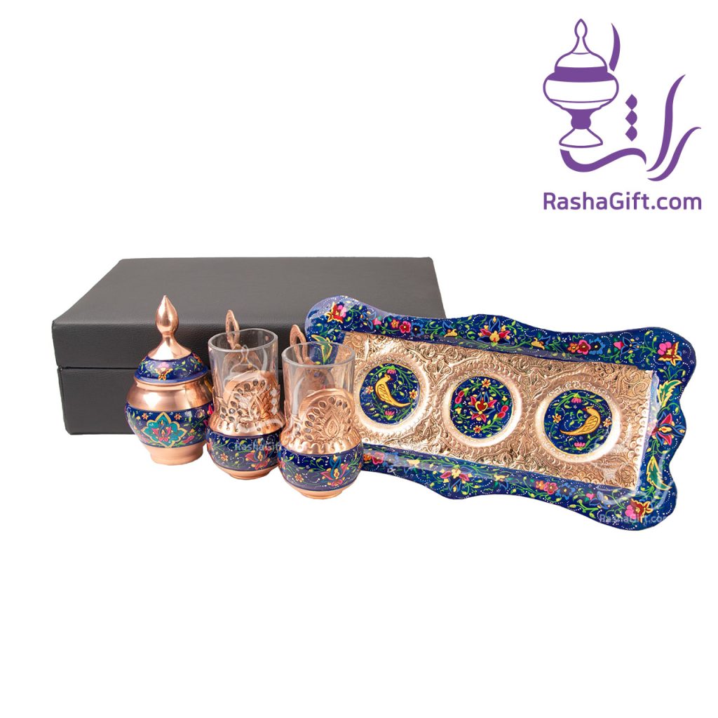 سرویس چای خوری دونفره مس و پرداز با جعبه چوبی روکش چرم