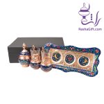 سرویس چای خوری دونفره مس و پرداز با جعبه چوبی روکش چرم