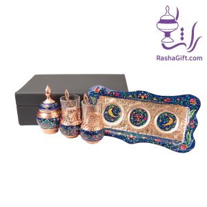 سرویس چای خوری دونفره مس و پرداز با جعبه چوبی روکش چرم