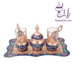 سرویس چای خوری دونفره مس و پرداز با جعبه چوبی روکش چرم