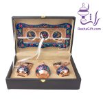 سرویس چای خوری دونفره مس و پرداز با جعبه چوبی روکش چرم