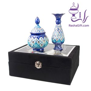 ست گلدان و قندان میناکاری با جعبه جیر