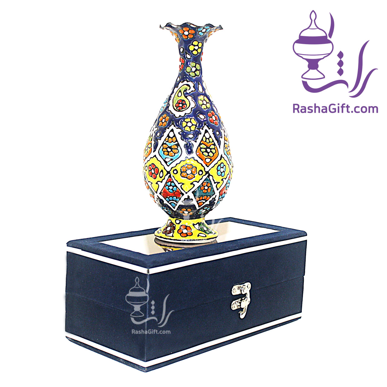 R گلدان میناکاری روی سفال سایز 20 با جعبه جیر