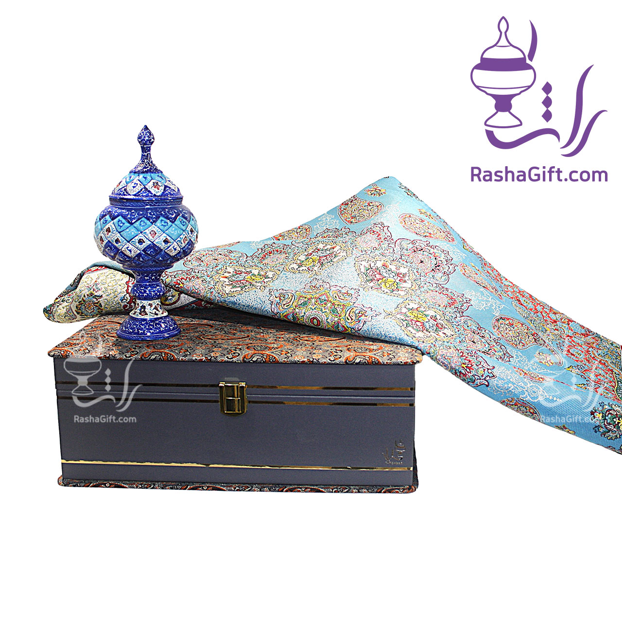 0001 ست شکلات خوری میناکاری و ترمه ابریشم 7 رنگ با جعبه ترمه