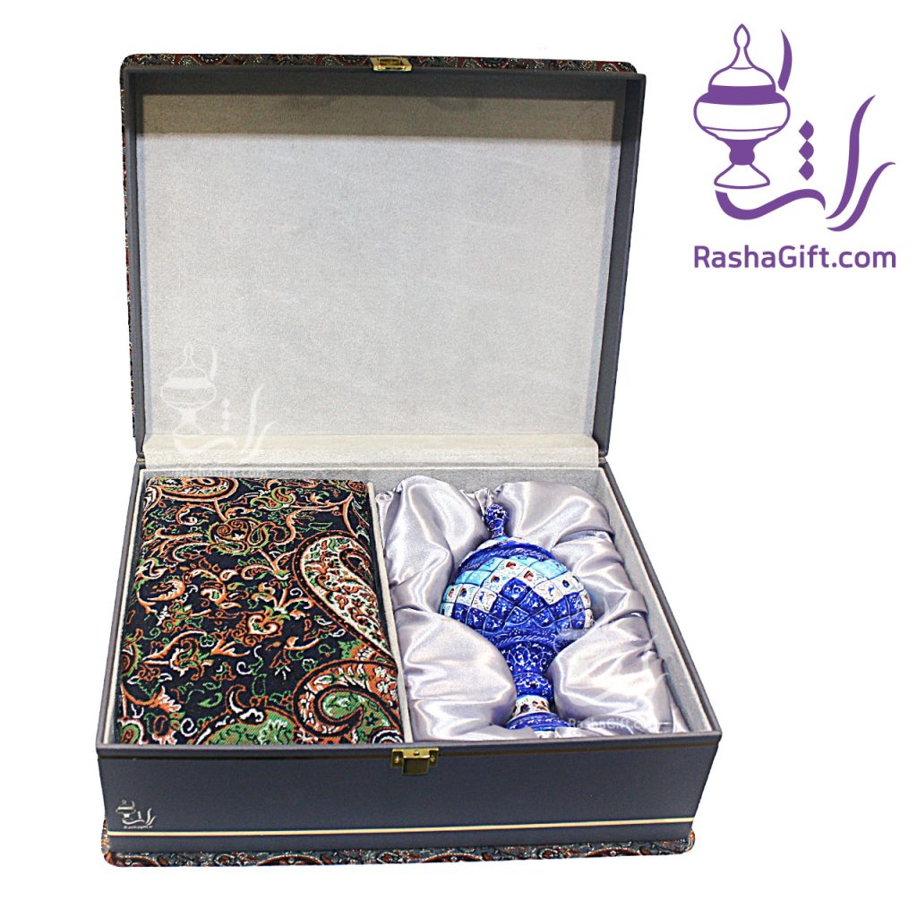 ست شکلات خوری میناکاری و ترمه هزار نقش با جعبه ترمه
