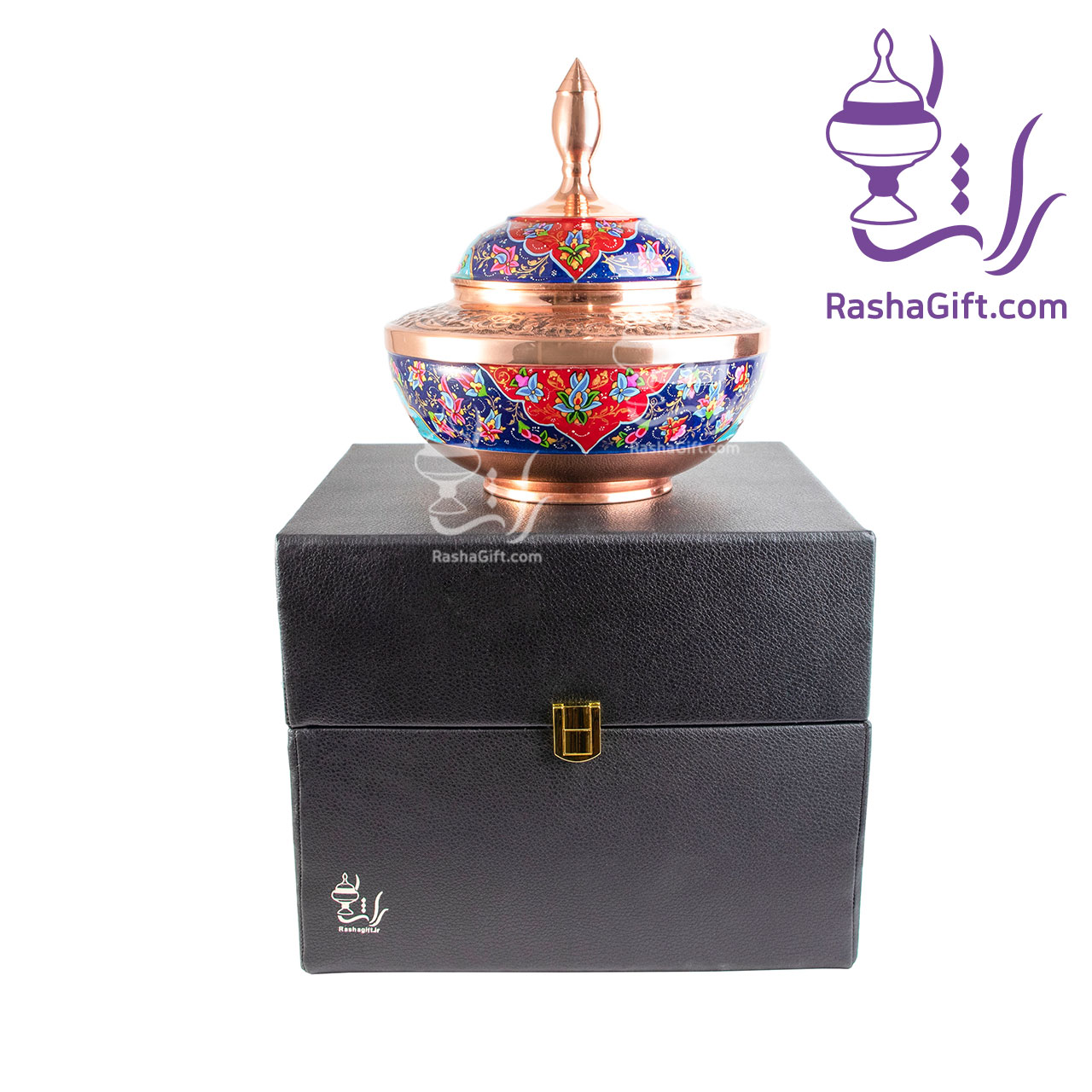 R18201 قندان سلجوقی بزرگ مس و پرداز در جعبه چوب و چرم