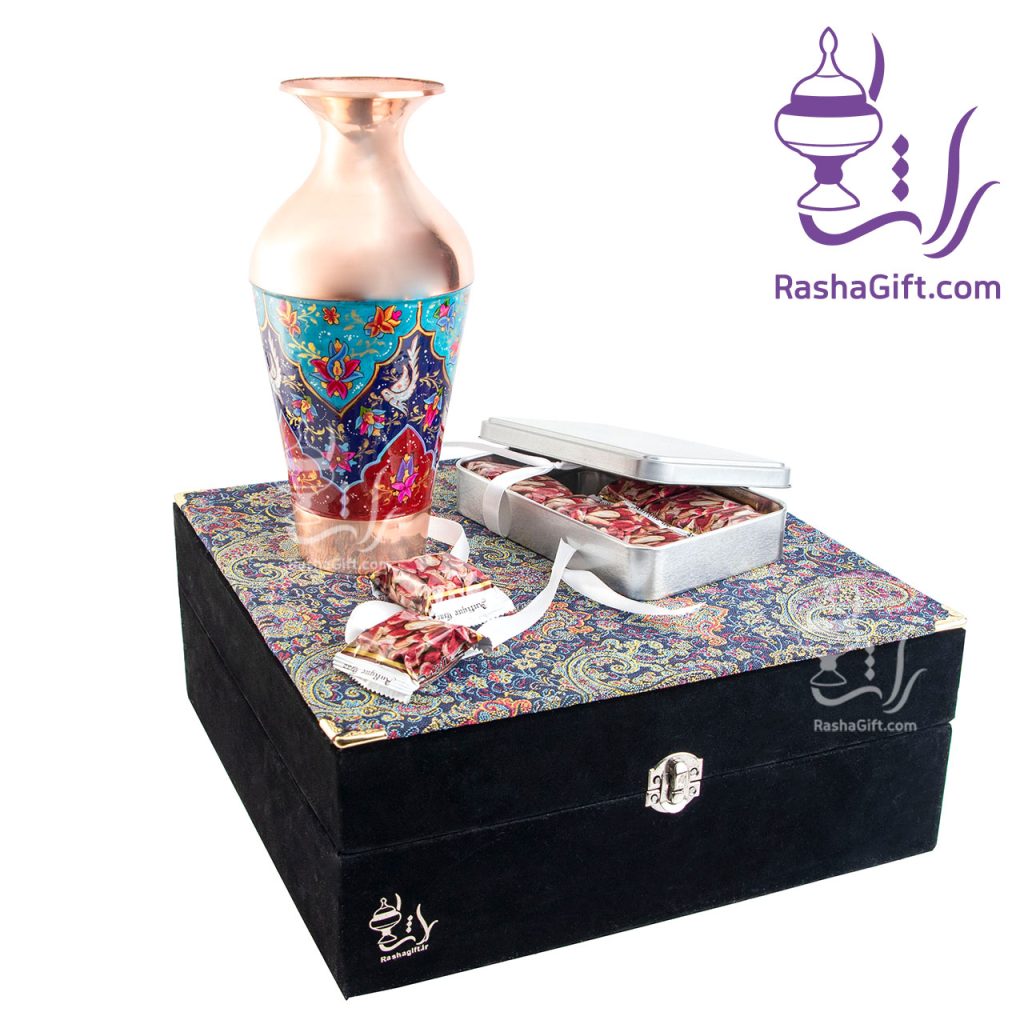 ست گلدان سلجوقی مس و پرداز و گز با جعبه چوب و چرم