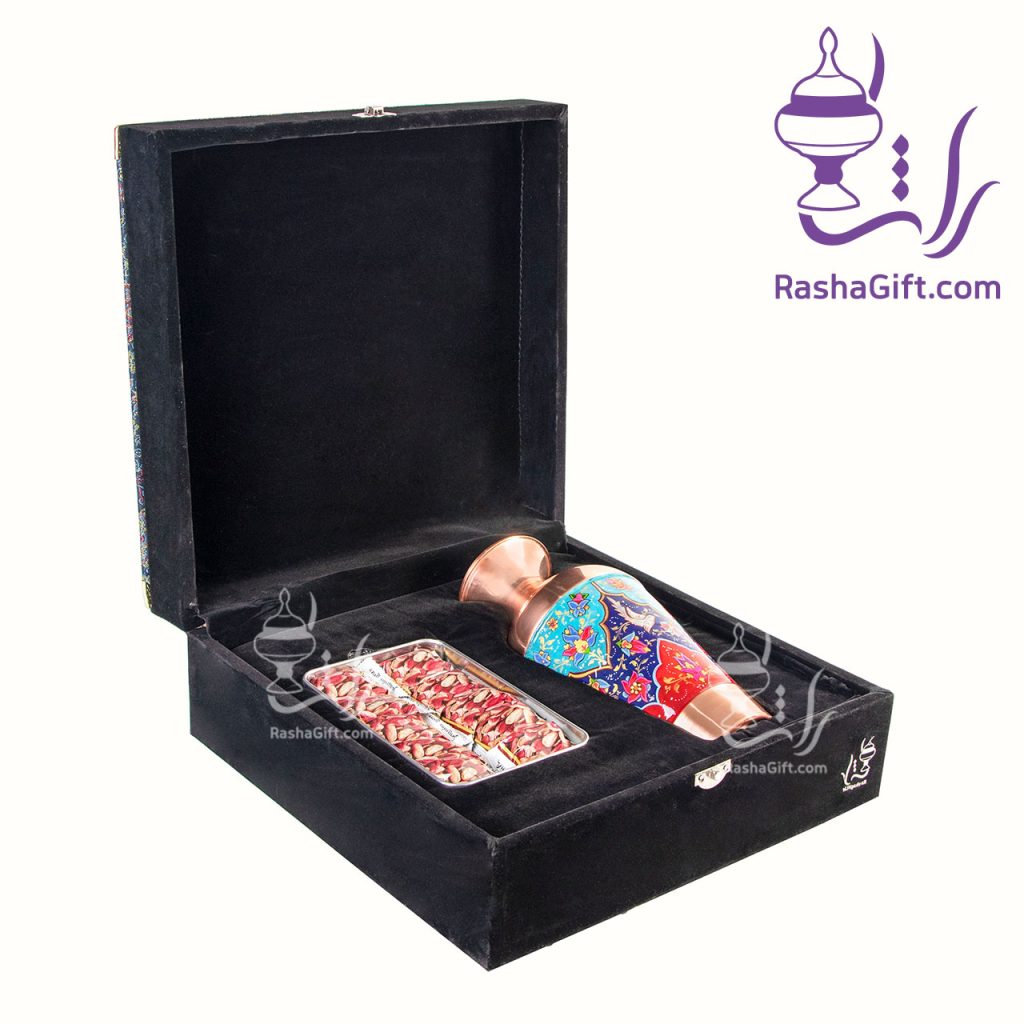 ست گلدان سلجوقی مس و پرداز و گز با جعبه چوب و چرم