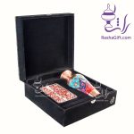 ست گلدان سلجوقی مس و پرداز و گز با جعبه چوب و چرم