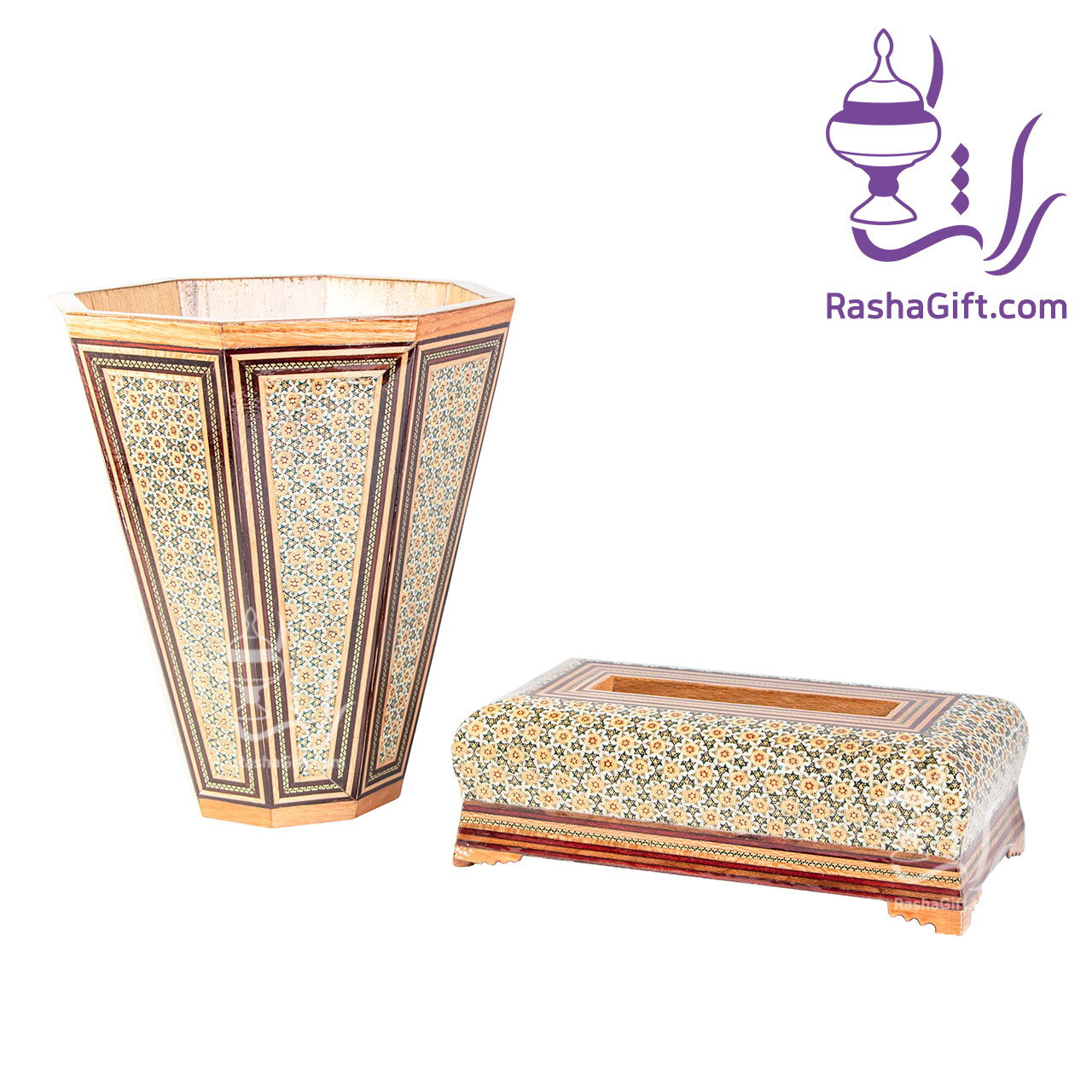 R18401 ست جا دستمال کاغذی و سطل چوب و خاتم