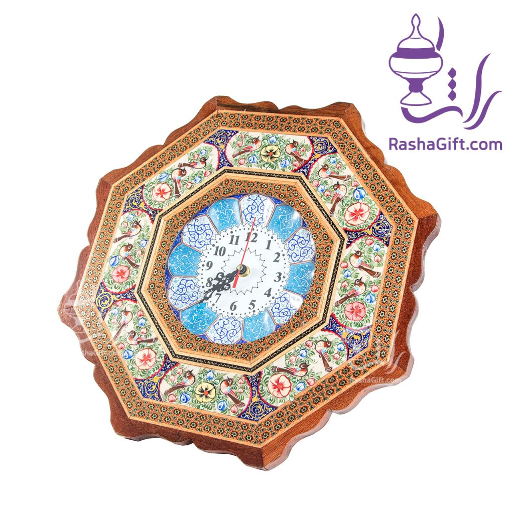 ساعت هشت گوش خاتم تذهیب با صفحه مینا قطر 25