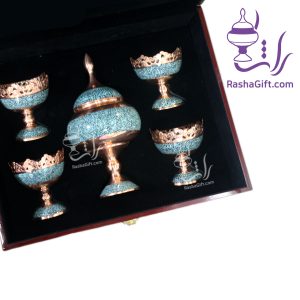 ست آجیل خوری 11 مس و فیروزه در جعبه تمام چوب