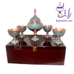 ست آجیل خوری 11 مس و فیروزه در جعبه تمام چوب
